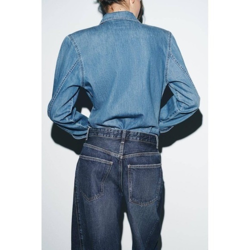 Zara Two Tone Barrel Leg Jeans High Waisted Wide Leg Blue Denim Sz 34 - Picture 4 of 13
